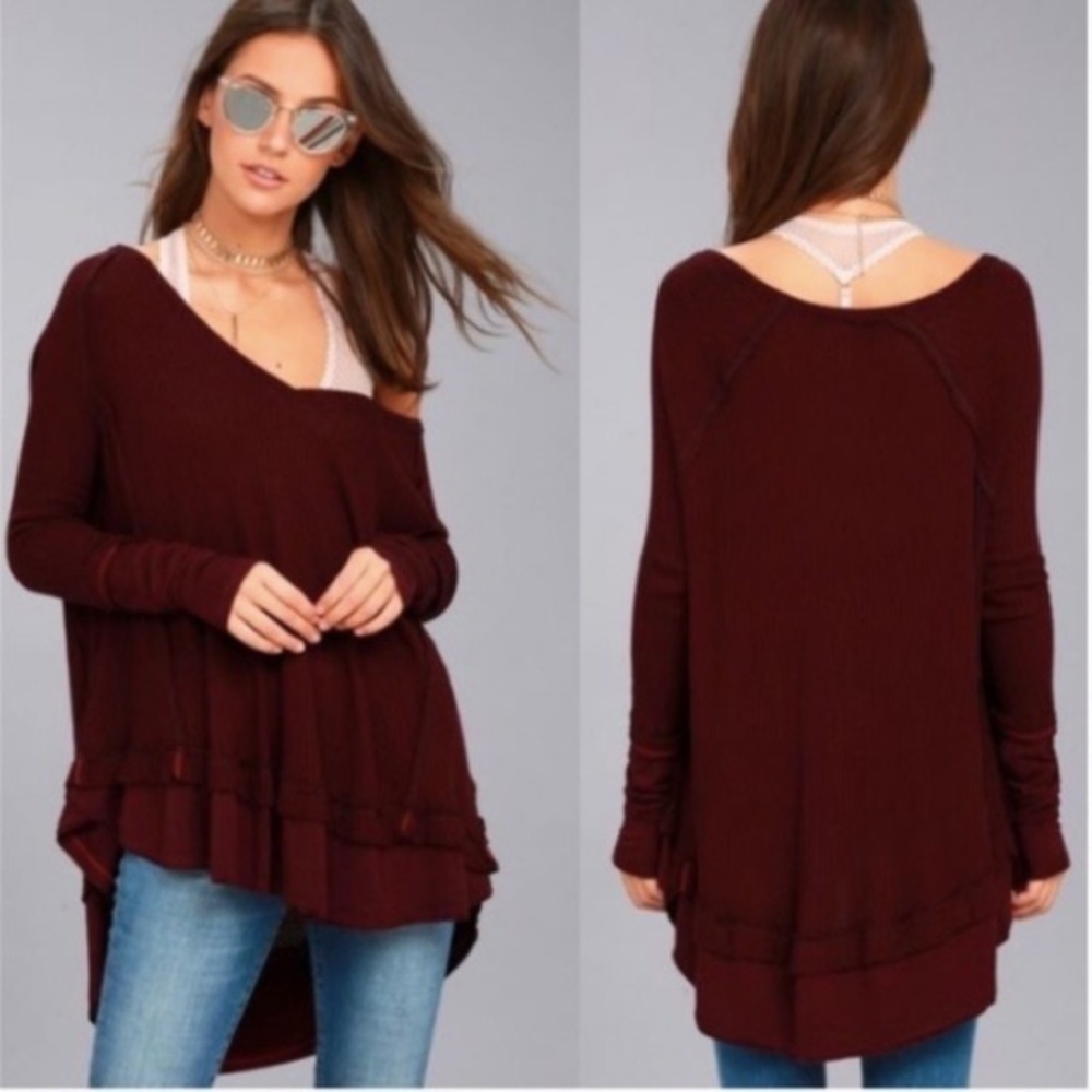 โฅ๏ธ FP Maroon Red Laguna Thermal Waffle Knit Long-Sleeve Tunic Top w/ Thumbholes - Picture 2 of 16